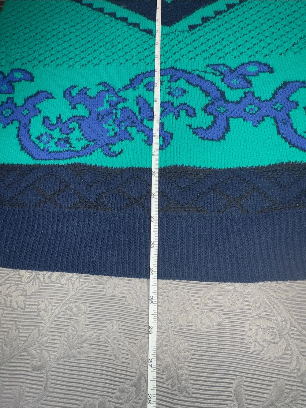 Vtg Robert Bruce Teal Navy Geo Print Long Sleeve Crewneck Sweater L
